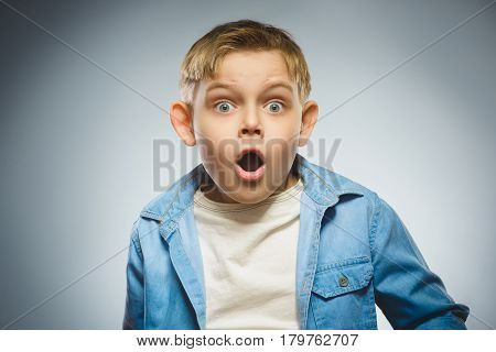 Closeup Scared and shocked little boys. Studio shot portrait over gray background. Human emotion face expression. Life perception achievement vision.