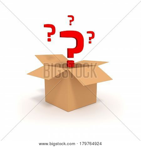 Surprise in a box 3D illustration. Open cardboard box with question mark.