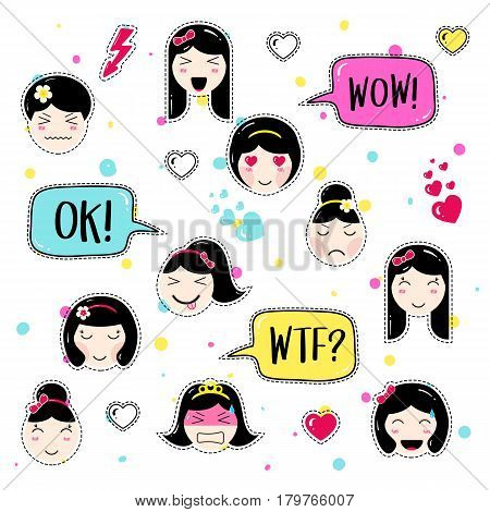 Set of cute patch badges. Girl emoji with different emotions and hairstyles. Kawaii emoticons, speech bubbles ok, wow, wtf. Set of stickers, pins in anime style. Isolated vector illustration.