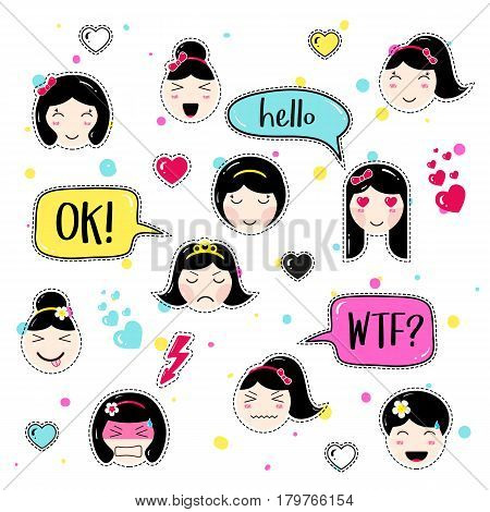 Set of cute patch badges. Girl emoji with different emotions and hairstyles. Kawaii emoticons, speech bubbles hello, ok, wtf. Set of stickers, pins in anime style. Isolated vector illustration.