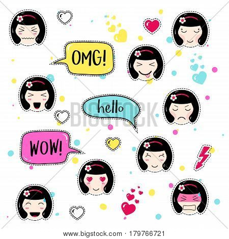 Set of cute patch badges. Girl emoji with different emotions and hairstyles. Kawaii emoticons, speech bubbles omg, hello, wow. Set of stickers, pins in anime style. Isolated vector illustration.