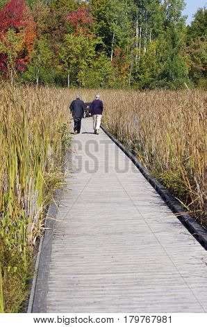 Two seniors walking on Wooden board walk with fall leaves