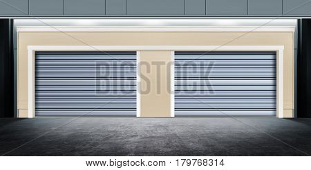 modern closed garage with metal door on street of city at night time