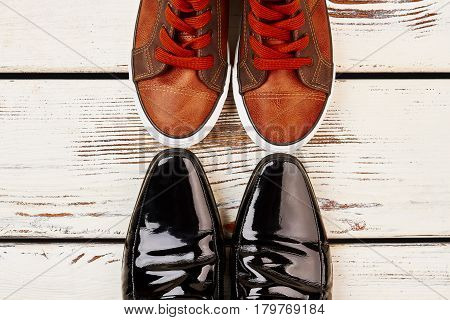 Patent-leather shoes and keds. Footwear for all occasions.