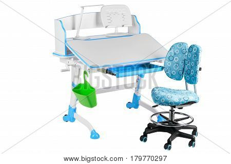 Blue chair blue school table green basket and desk lamp on the white isolated background.