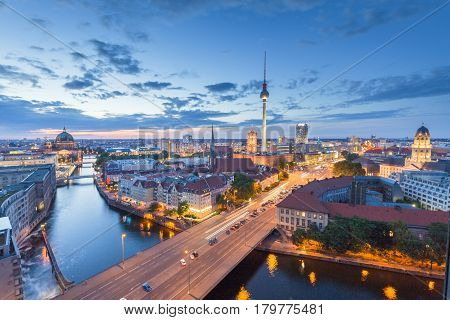 Berlin Skyline With Spree River At Night, Germany