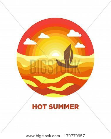 Yacht sailing in ocean or boat on sea waves. Nature landscape or sunset seascape. Vector isolated flat icon for travel journey