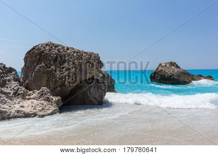 Amazing landscape of blue waters of Megali Petra Beach, Lefkada, Ionian Islands, Greece