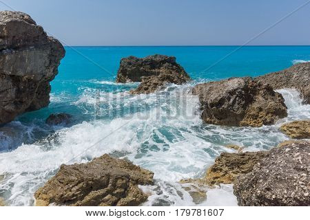 Amazing landscape of blue waters of Megali Petra Beach, Lefkada, Ionian Islands, Greece