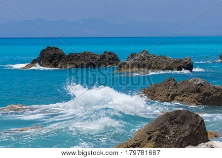 Amazing landscape of blue waters of Megali Petra Beach, Lefkada, Ionian Islands, Greece