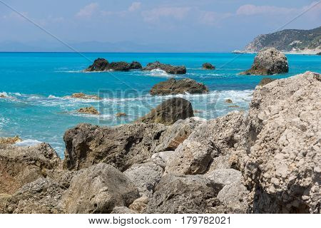 Amazing landscape of blue waters of Megali Petra Beach, Lefkada, Ionian Islands, Greece