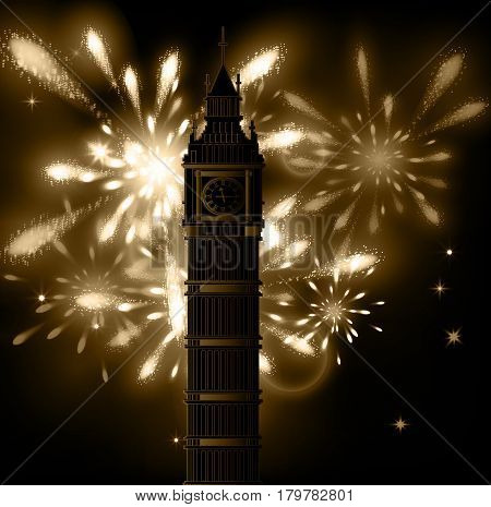 Big Ben vector contur. England or Londonbackground with fireworks