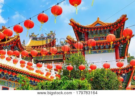 Red lanterns decoration in Thean Hou Temple Kuala Lumpur Malaysia. Thean Hou Temple is the oldest Buddhist Temple in Southeast Asia
