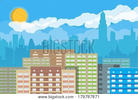 City skyline silhouette at day. Skyscappers, towers, office and residental buildings. Sky, clouds and sun. Vector illustration