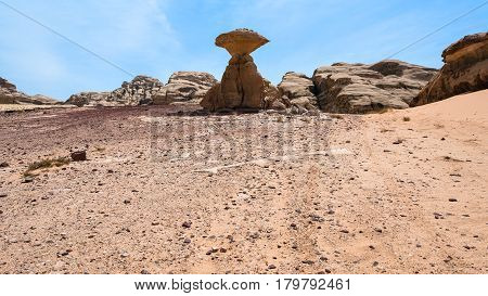 View Of Mushroom Rock In Wadi Rum Desert