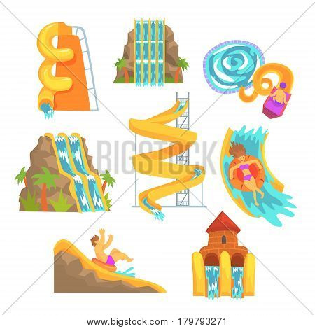 Colorful water slides and tubes, aquapark equipment, set for label design. Cartoon detailed Illustrations isolated on white background