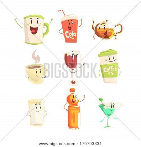 Funny cup, bottle, glass with drinks standing and smiling, set for label design. Various non alcoholic drinks. Cartoon detailed Illustrations isolated on white background