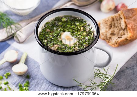 Traditional russian Cold Soup Okroshka with meat, vegetables and kvass serving size in enamel cup and raw ingredients on on grey stone table. Kvass is a traditional Slavic and Baltic fermented beverage commonly made from rye bread
