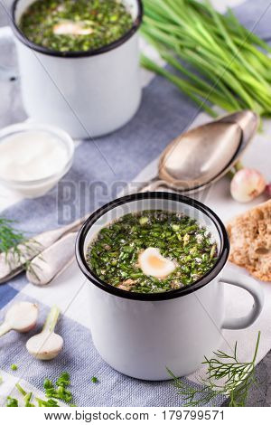 Traditional russian Cold Soup Okroshka with meat, vegetables and kvass serving size in enamel cup and raw ingredients on on grey stone table. Kvass is a traditional Slavic and Baltic fermented beverage commonly made from rye bread