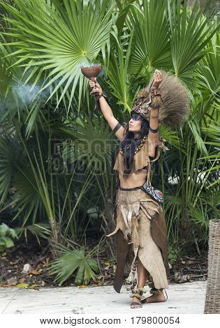 Tulum, Mexico, March 15th, 2017: Woman in Maya indian costume in Tulum, Mexico