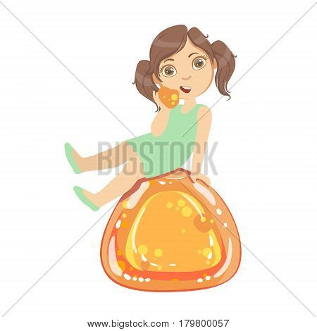 Little girl is sitting on a huge orange jelly andy, a colorful character isolated on a white background