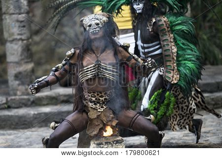 Tulum, Mexico, March 15th, 2017: Man in Maya indian costume in Tulum, Mexico
