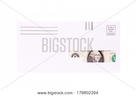 Money seen through the window of an envelope. isolated on white with room for your text.