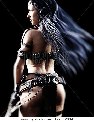 Warrior amazon woman with sword. Long dark hair. Muscular athletic body. Girl standing candid provocative aggressive pose. Photorealistic 3D rendering isolate illustration. Hi key.