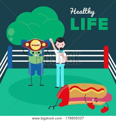 Healthy lifestyle. Fight with junk food and healthy food cartoon. Broccoli won a battle against hot-dog. Hot-dog fails.