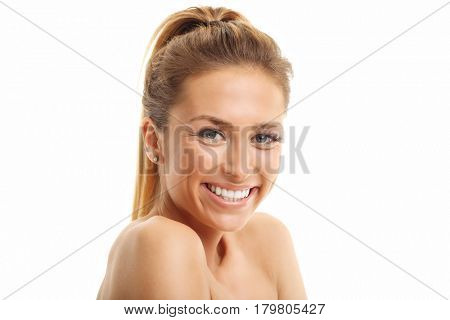 Woman face portrait isolated on white with healthy skin