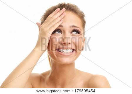 Woman face portrait isolated on white with healthy skin