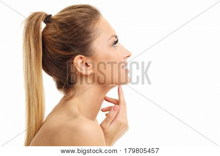 Woman face portrait isolated on white with healthy skin