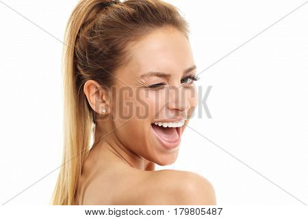 Woman face portrait isolated on white with healthy skin