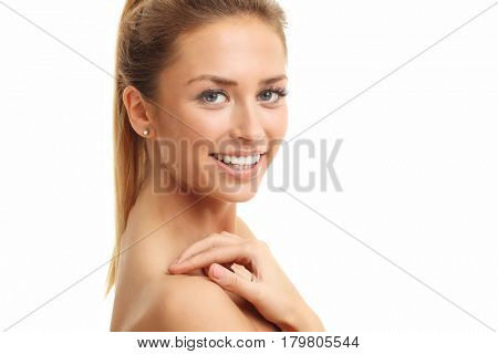 Woman face portrait isolated on white with healthy skin