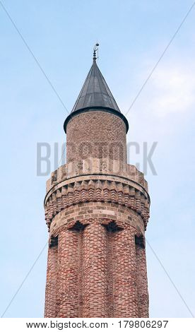 Historical Landmark Grooved Minaret (Yivli Minare), Kaleici, Antalya, Turkey. Vintage filter