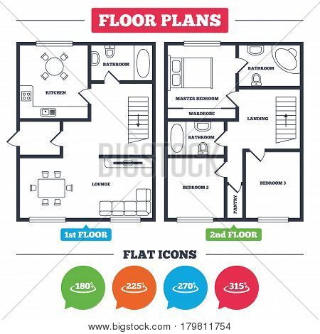 Architecture plan with furniture. House floor plan. Angle 180-315 degrees icons. Geometry math signs symbols. Full complete rotation arrow. Kitchen, lounge and bathroom. Vector