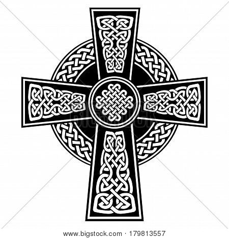 Celtic style Cross with  endless knots patterns in white and black with stroke elements inspired by Irish St Patrick's Day, and Irish and Scottish carving art