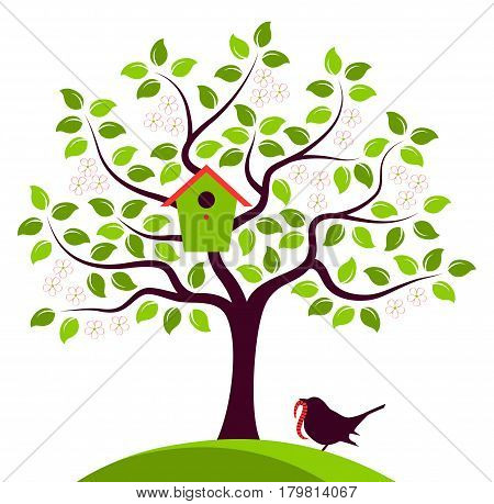 vector flowering tree with nesting bird box and bird bringing worm isolated on white background