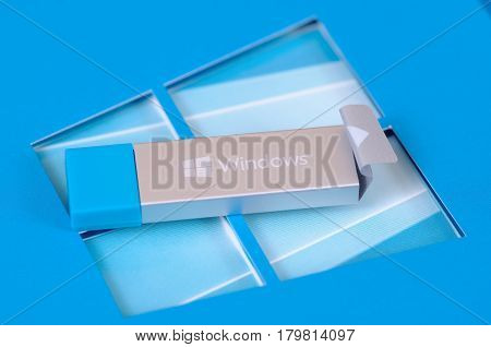SARANSK, RUSSIA - MARCH 27, 2017: Microsoft Windows 10 Home USB Flash Drive