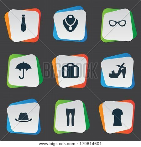Vector Illustration Set Of Simple Clothes Icons. Elements Glasses, Cotton Fabric, Brolly And Other Synonyms Male, Tie And Cap.