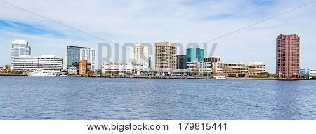 Norfolk Virginia city skyline across the Elizabeth River