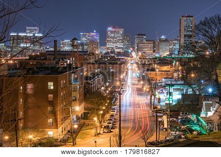 RICHMOND VA - MARCH 24: View of the Richmond Virginia skyline from Libby Hill Park looking down Main St on March 24 2017