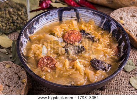Christmas slovak national cabbage soup with mushrooms on natural background.