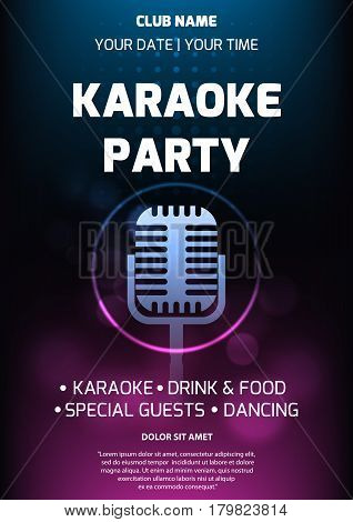 Karaoke party invitation flyer template. Dark background with abstract light and glare. Retro microphone silhouette in center. A4 size.