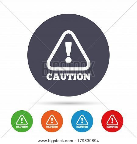 Attention caution sign icon. Exclamation mark. Hazard warning symbol. Round colourful buttons with flat icons. Vector