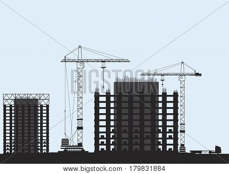 Silhouettes of building houses. Tower crane and houses of monolith. Flat vector illustration EPS10