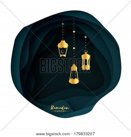 Ramadan Kareem celebration greeting card with gold origami hanging arabic lamp. Paper cut Lantern. Holy month of muslim. Symbol of Islam. Crescent Moon. Garland. Applique vector illustration.