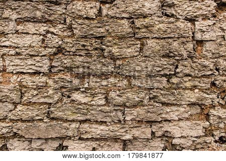 Remnants of an ancient fortress wall. Former city fortifications in the north-west of Russia. Pskov sity. Texture or background.