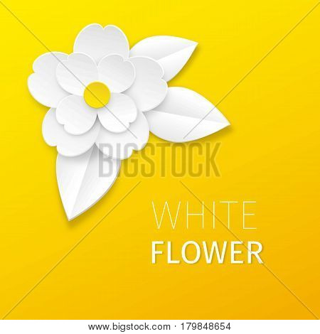 White cutout paper flower and leaves on yellow background. Vector greeting or ad card.