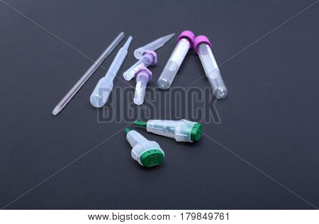 set of laboratory supplies. Petri dish, Spectrophotometer quvettes, blood test, test-tube
